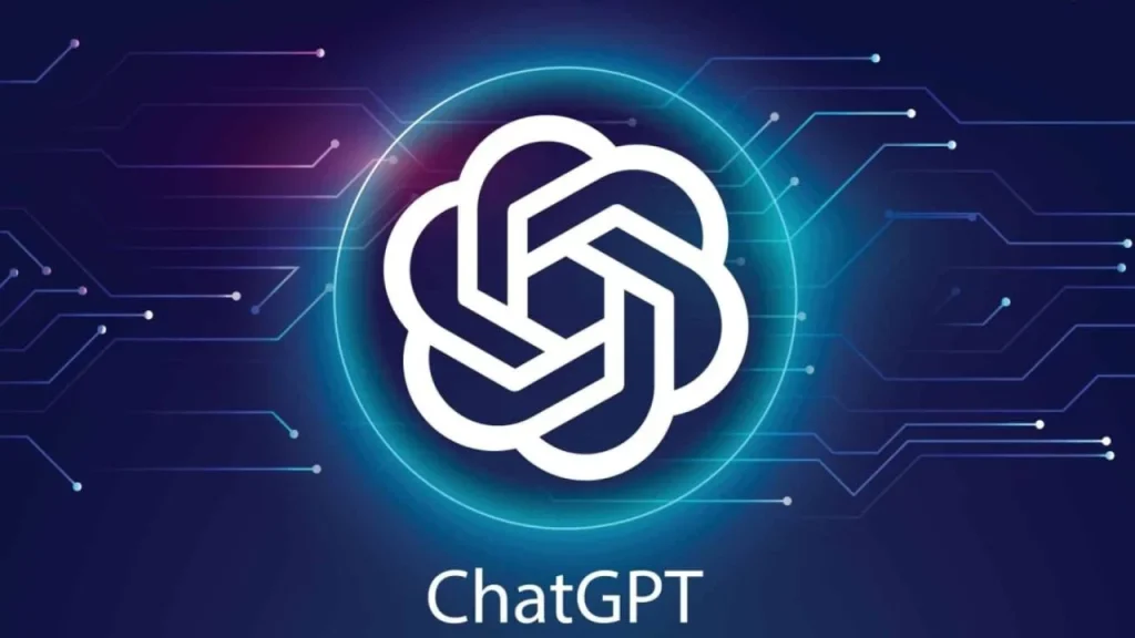 The circular, floral-patterned geometric logo of ChatGPT centered on a dark blue background with digital circuit board lines radiating outward.