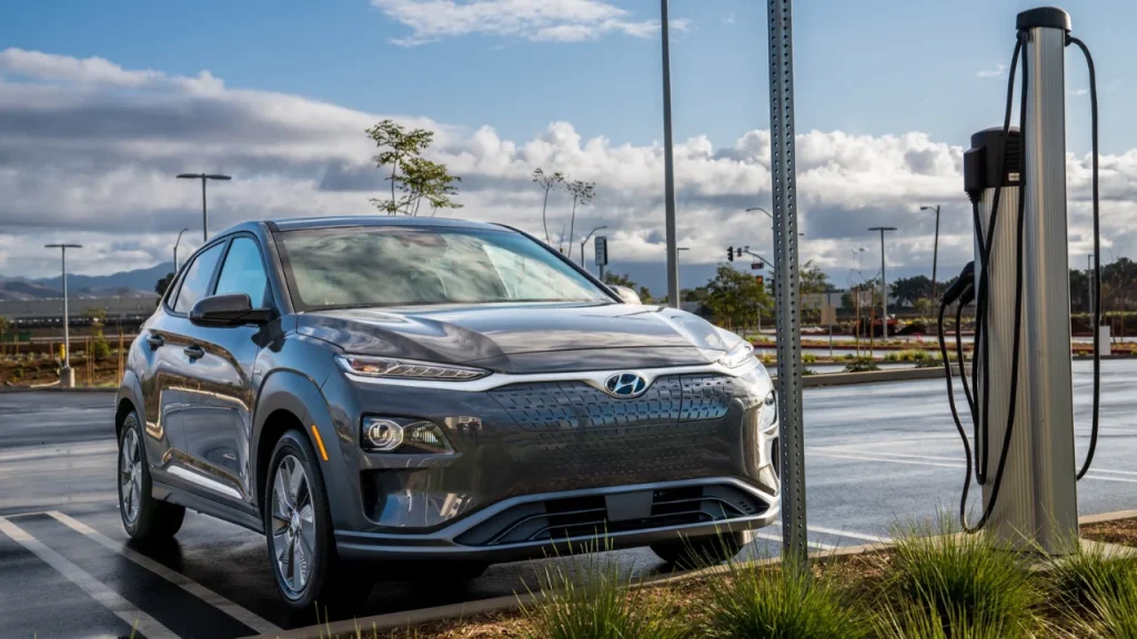 A grey Hyundai electric crossover parked at a public charging station on an overcast day, showcasing a top contender among the Best EV brands.