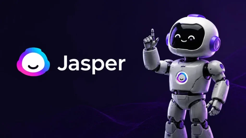 A white, friendly-looking robot character standing and gesturing with one hand raised, positioned next to the "Jasper" wordmark and a colorful, circular smile icon on a dark purple background.