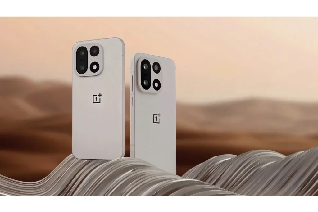 OnePlus 15 Pro and compact variant side by side in ceramic white with circular camera module