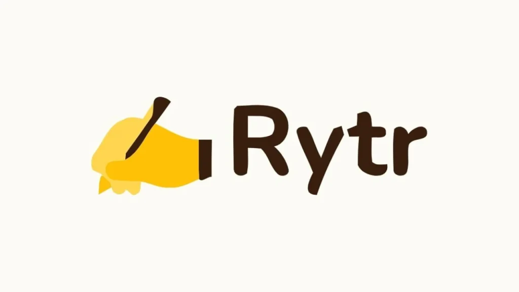 A simple graphic of a yellow hand holding a pen to write, positioned next to the word "Rytr" in a dark brown, rounded font on a light cream background.