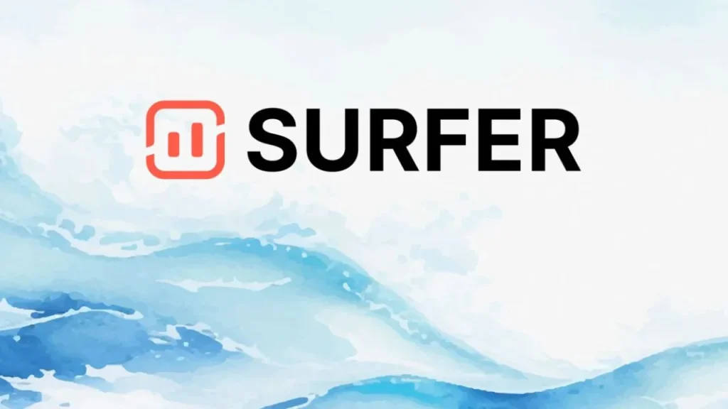 The "SURFER" wordmark next to an orange square icon containing vertical bars, set against a light background with a stylized, blue watercolor-effect wave pattern at the bottom.