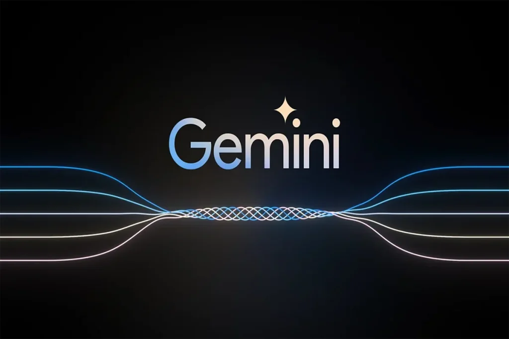 The Gemini logo with a sparkle icon, centered above stylized, glowing blue and white light trails that weave together against a dark background.