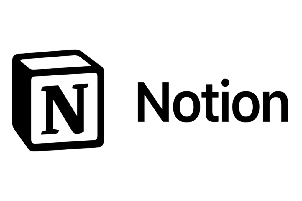 The black and white Notion logo, featuring a cube graphic containing the letter 'N' followed by the word "Notion" in a serif font.
