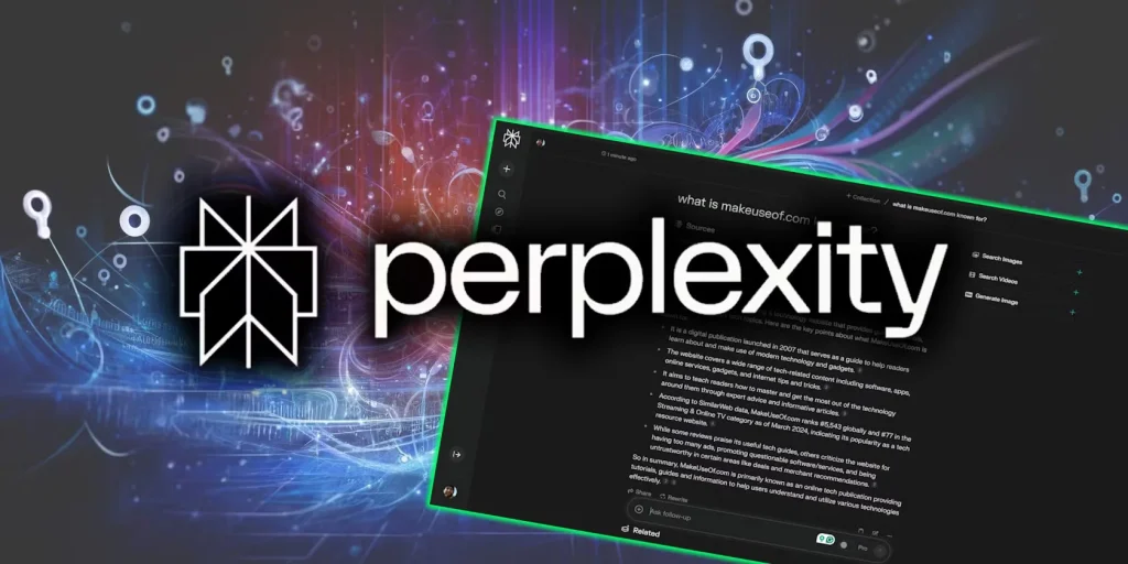 The Perplexity AI logo overlapping a dark-mode screenshot of the Perplexity search interface, set against a futuristic background of glowing blue and purple data streams.