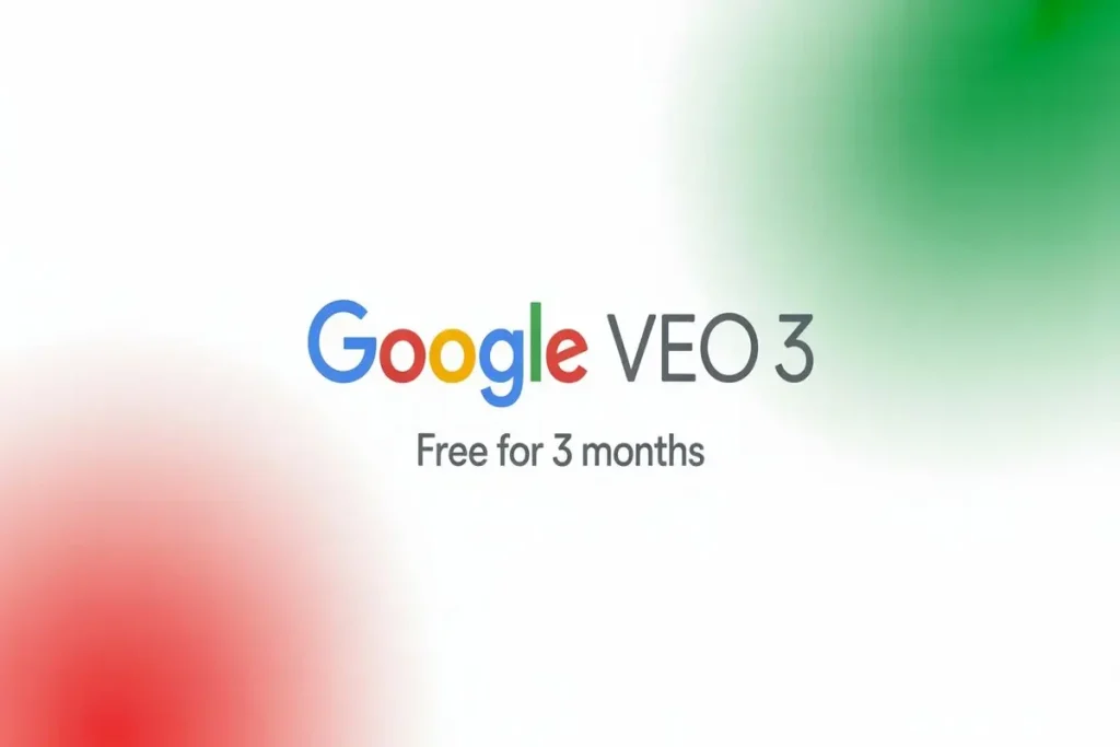 The Google VEO 3 logo with the promotional text "Free for 3 months" centered on a white background with blurred red and green gradients in the corners.